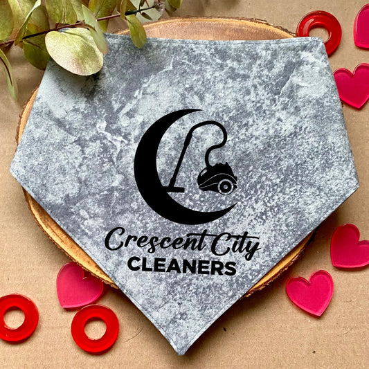 Clip-on dog bandana inspired by fantasy, romantic, and romance books – easy to wear and perfect for book-loving pet owners who want to add a touch of literary charm to their dog’s style.