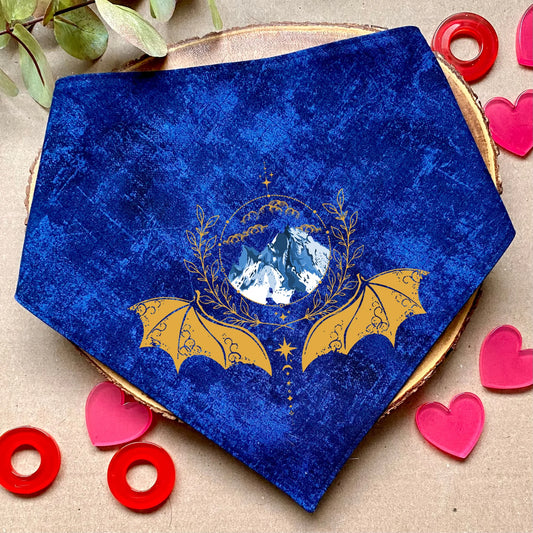 Clip-on dog bandana inspired by fantasy, romantic, and romance books – easy to wear and perfect for book-loving pet owners who want to add a touch of literary charm to their dog’s style.