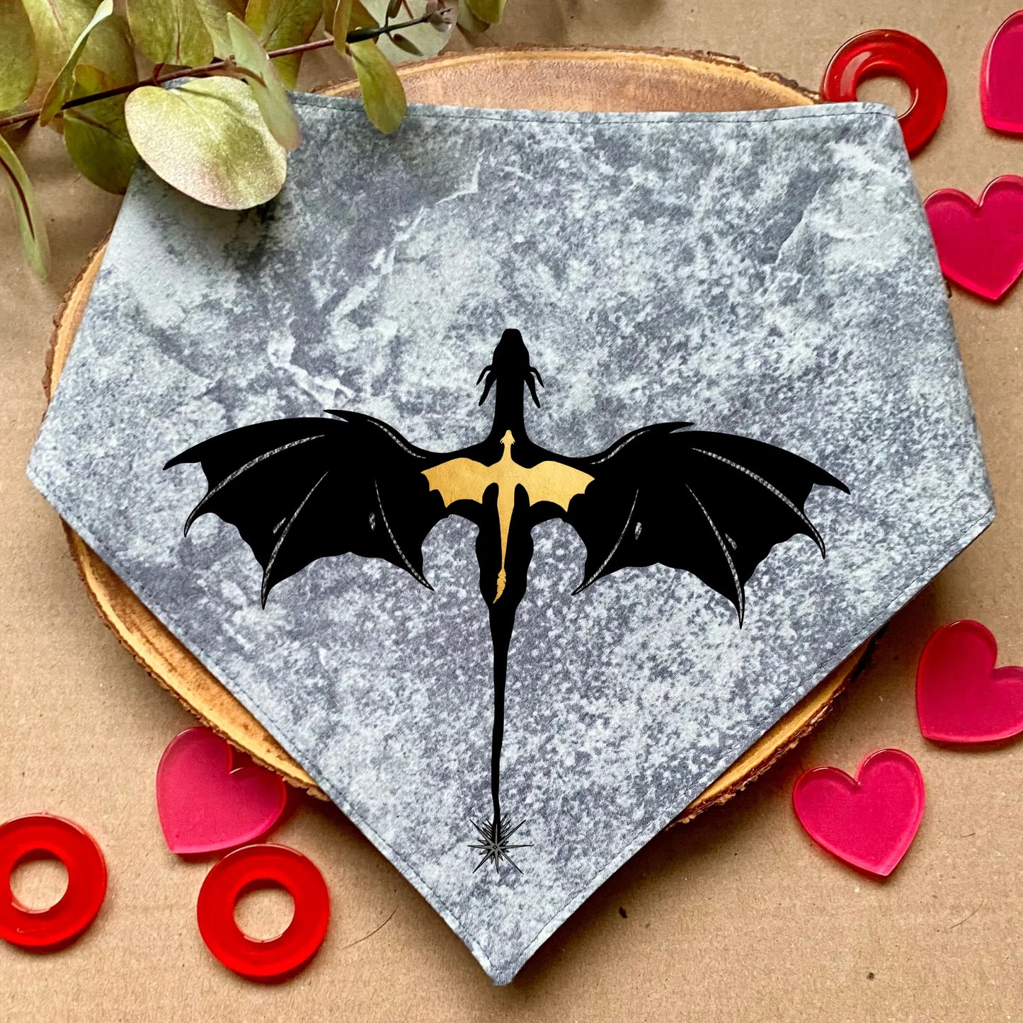 Clip-on dog bandana inspired by Fourth Wing – easy to wear and designed for fantasy book lovers, featuring elements inspired by Rebecca Yarros’ hit novel to add bookish flair to your pet’s style.