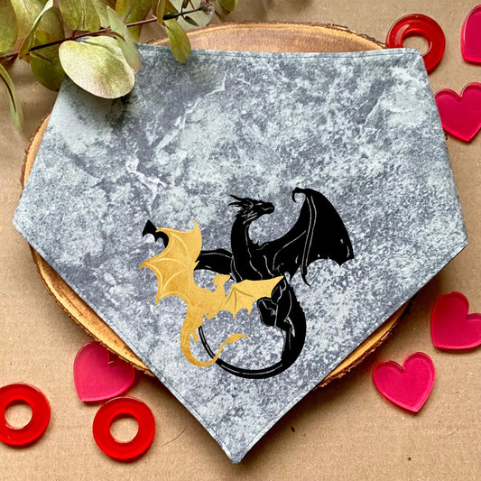 Clip-on dog bandana inspired by fantasy, romantic, and romance books – easy to wear and perfect for book-loving pet owners who want to add a touch of literary charm to their dog’s style.